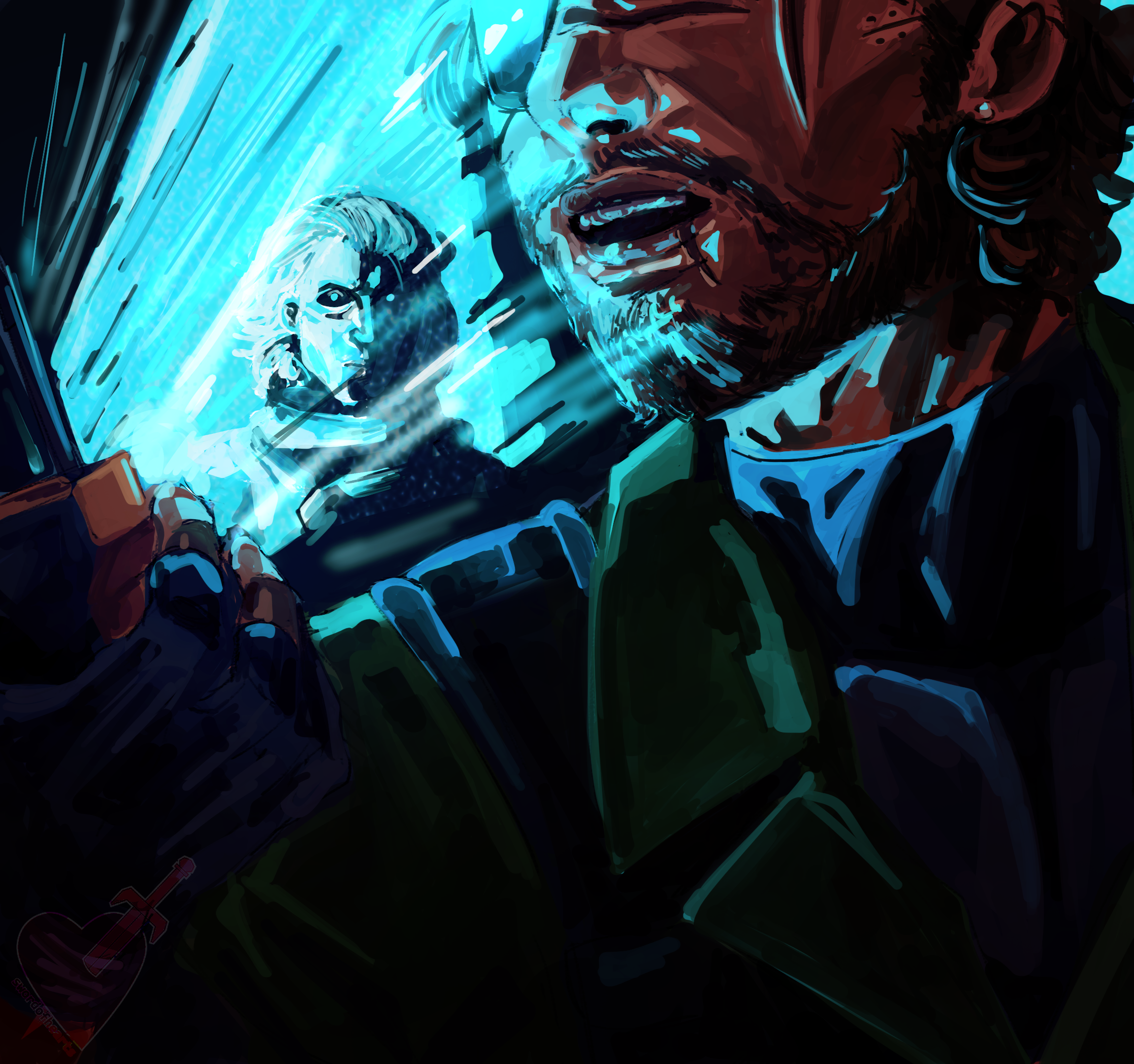 venom snake speaking into the idroid, ocelot in the blue light